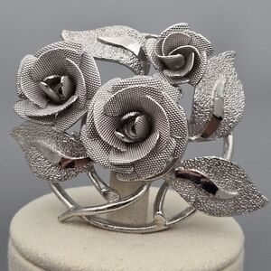 CORO Cabbage Rose Cluster Vintage Brooch Textured Silver Tone